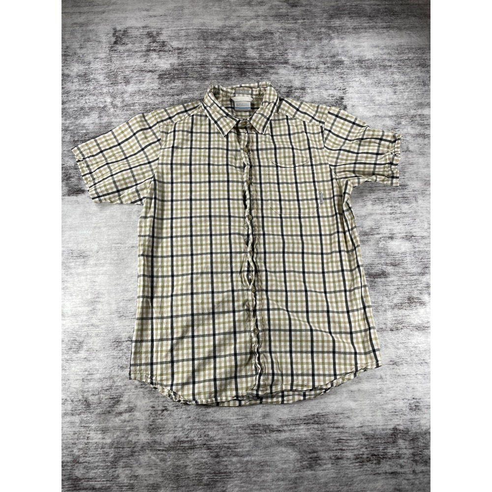 Columbia Mens S Short Sleeve Plaid Button Down Shirt Tan Green Regular Fit